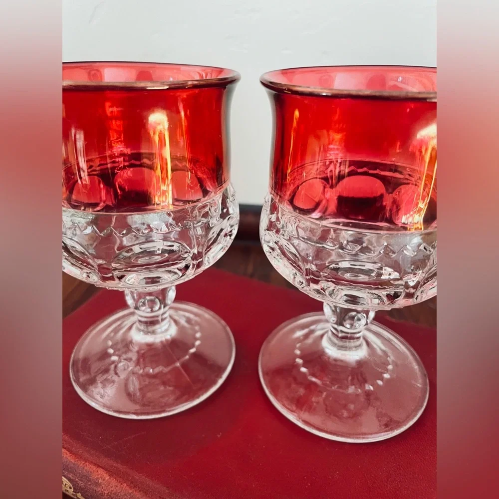 Pair of Vintage Ruby Flashed‎ Thumbprint Cocktail Goblets
